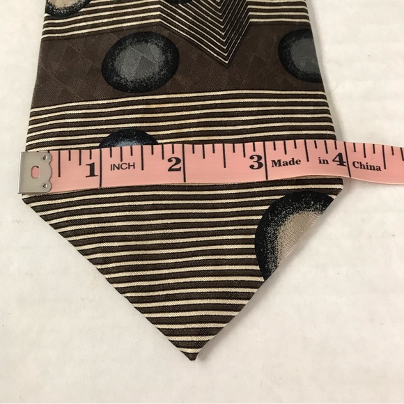 Silk Tie Brown Tan & Blue Geometric Pattern - Picture 10 of 11